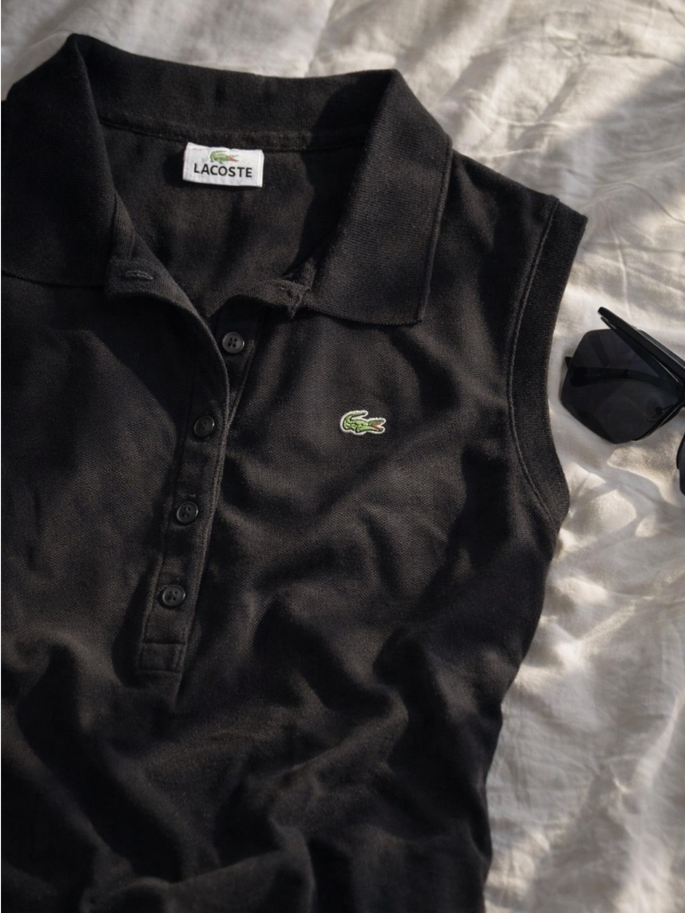 Lacoste Black Sleeveless Polo Top Women’s M/44 Slim Fit Croc Logo Preppy Tennis